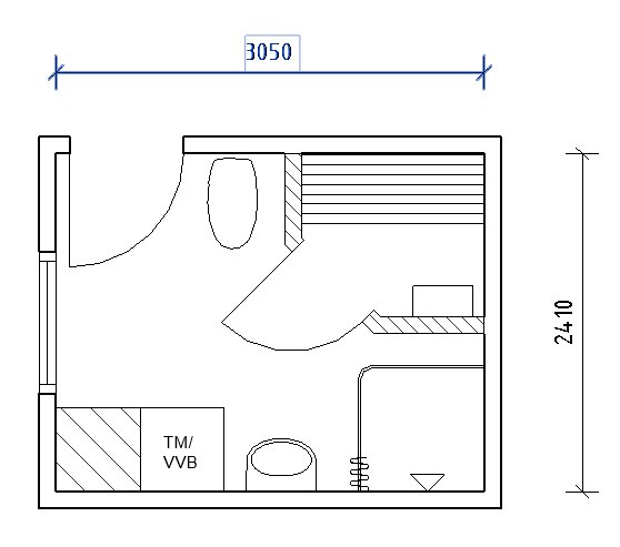 Planritning av ett litet rum eller badrum med måttangivelser, möblering, och installationer.