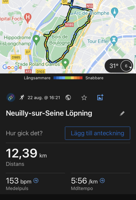 Skärmdump av löpningsruta i Paris, statistik över distans, puls och tempo, från en träningsapp.