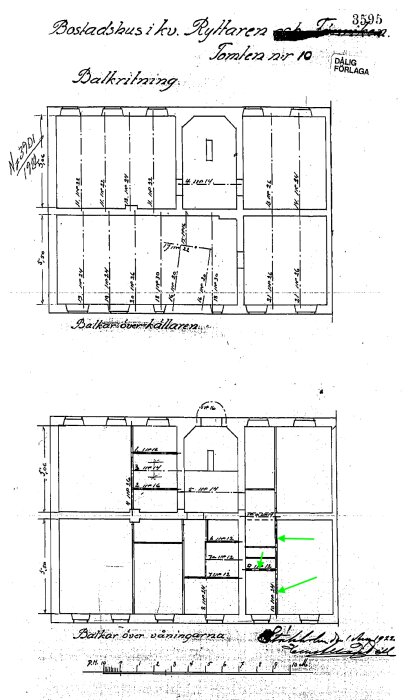 Arkitektonisk ritning, planlösningar, källare och första våning, måttsatt, svartvitt, dokument, handskriven text, datumstämpel.