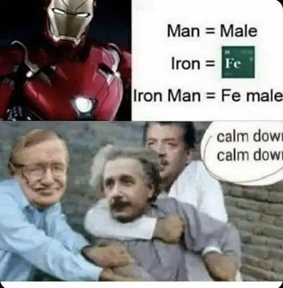 Humoristisk bild, ordspel med Iron Man, kemisk symbol för järn, män som lugnar ner någon.