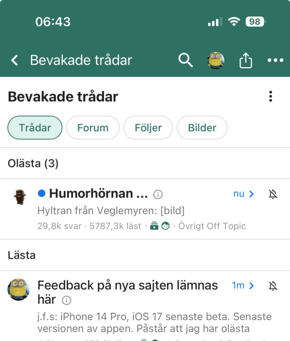 Skärmdump av ett diskussionsforum, visar bevakade trådar, meddelanden och forumkategorier på svenska.