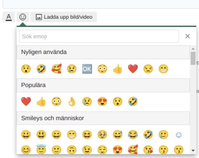 En emoji-väljarmeny från ett chattprogram visar kategorier som nyligen använda och populära emojis.