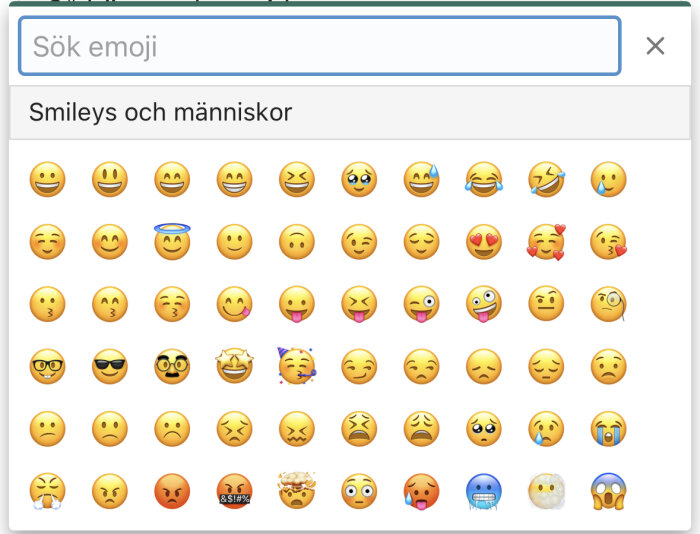 Emojis som visar olika känslor och uttryck, gul rund design, i en emoji-tangentbordsmeny.