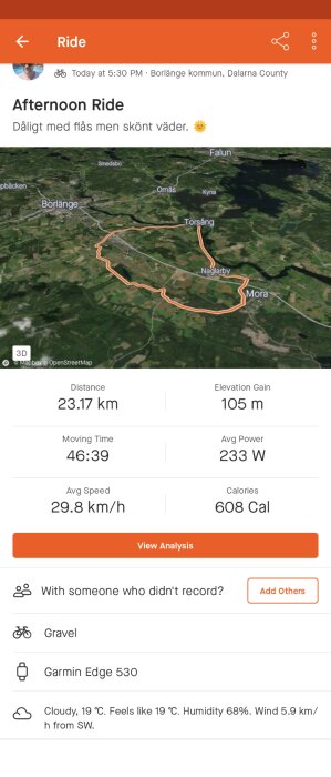 Cykelaktivitet i Borlänge, 23.17 km, 46 minuter, skönt väder, 608 kalorier brända, Garmin-enhet, grusväg, molnigt väder.