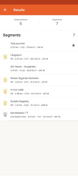 Skärmdump av träningsresultat; personliga rekord, segment, hastighet, sträcka, effekt.