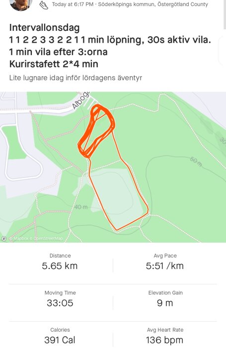 Skärmdump av löparapp visar distans, tid, rutt, intervallträningsdetaljer och kaloriförbrukning.