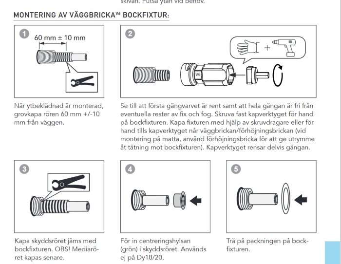 Instruktioner för montering av väggbricka och bockfixtur med bilder på skruvar, verktyg och komponenter på svenska.