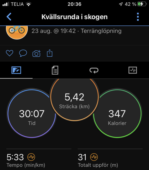 Bild av aktivitetsapp som visar terränglöpning, sträcka 5,42 km, tid 30:07 min, 347 kalorier, elevationsvinst 31 meter.