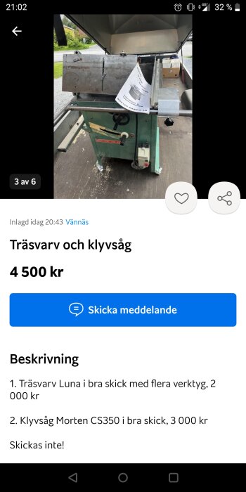 Träbearbetningsutrustning till salu; verktyg syns ej i bild; beskrivning och prislistning i text.