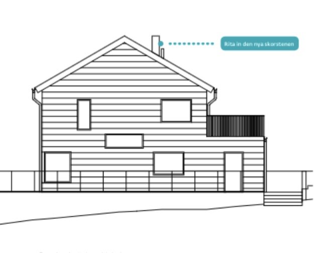 Linjeteckning av ett hus med instruktion att rita in skorsten.