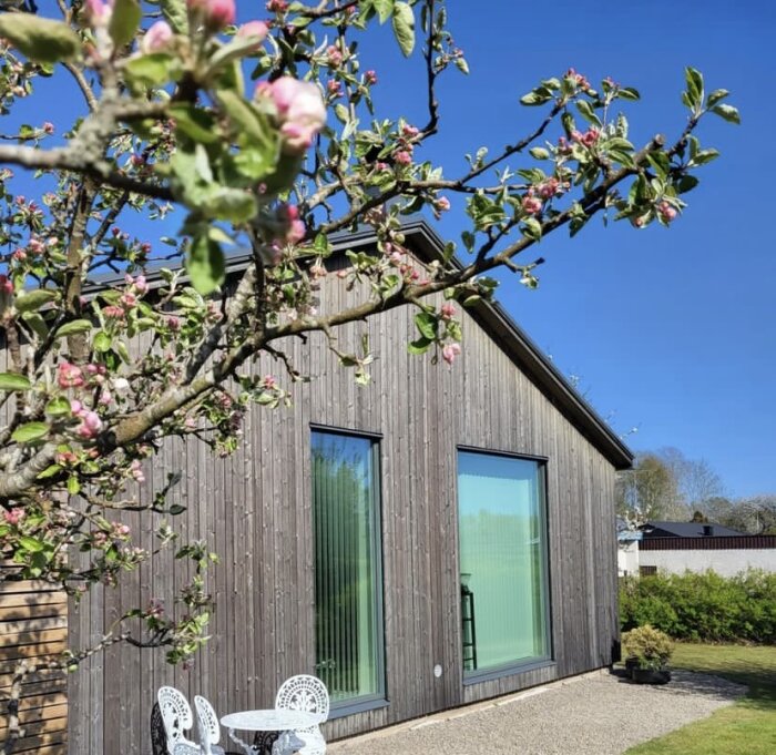 Ett modernt trähus med ett blommande trädförgrund och en klarblå himmel.