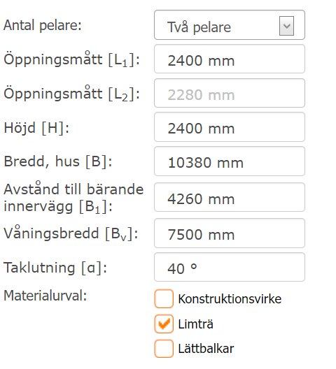 Formulär för byggdetaljer: pelare, mått, höjd, bredd, avstånd, våningsbredd, taklutning, materialval för limträ och lättbalkar.