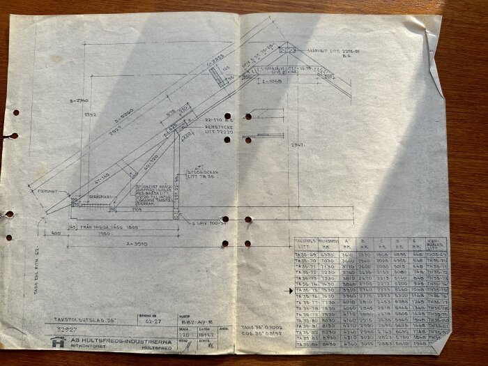 Gammalt, veckat ritningspapper med tekniska diagram och måttangivelser, möjligtvis för byggprojekt eller tillverkning.