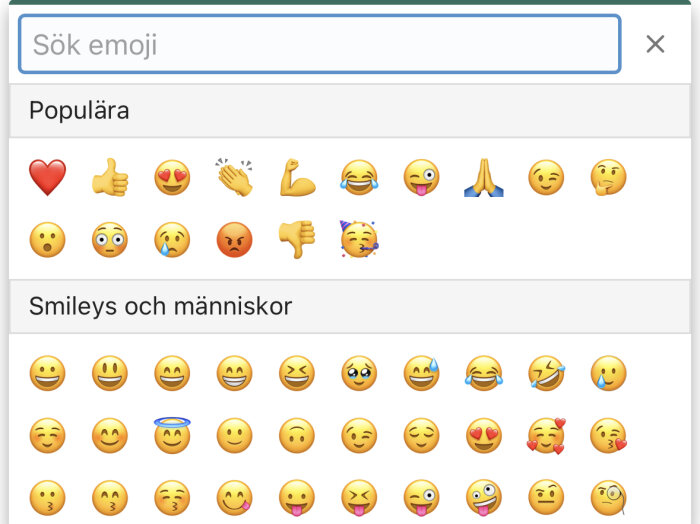 Emoji-sökfönster, olika ansiktsuttryck och gester, kategoriserade som populära och smilies och människor.