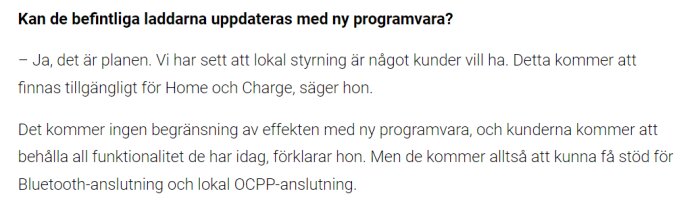 Svensk text om uppdatering av laddare med ny programvara, lokal styrning, ingen effektbegränsning, Bluetooth och OCPP.