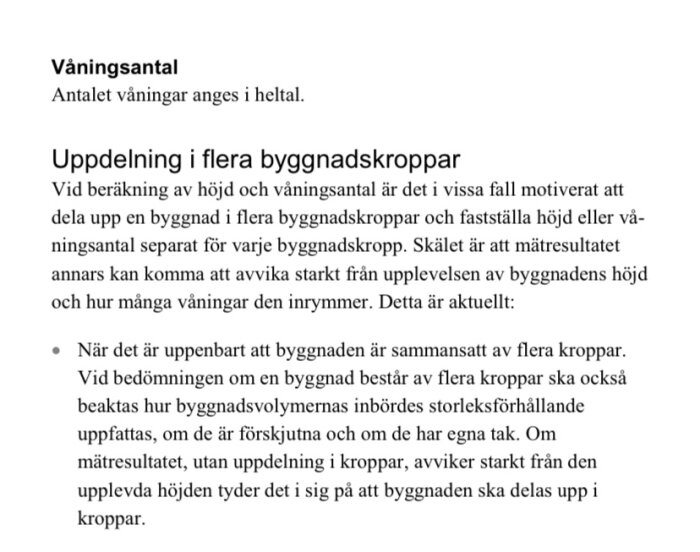 Svensk text om byggnaders våningsantal och indelning i byggnadskroppar för mätning och uppfattad höjd.