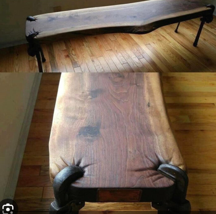 Rustik träbänk med ojämn, naturlig form och svarta metallben. Naturskön och unik inredningsdesign.