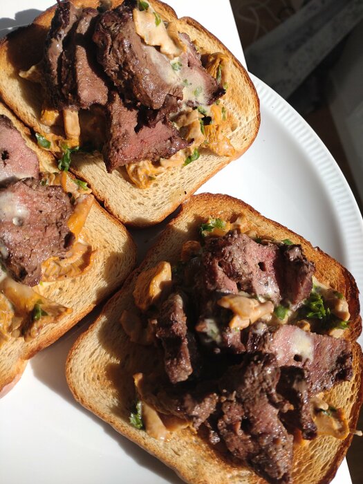 Rostat bröd med skivor av stekt kött och gräddig sås, troligtvis en form av öppen smörgås.