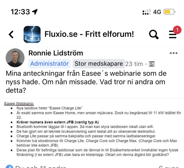 Skärmbild av en webbsida med inlägg om elbilsladdare från en diskussionsforumadministratör.