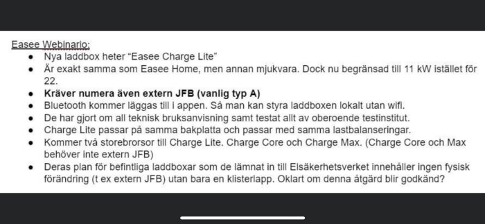 Skärmbild av en text om en produkt kallad "Easee Charge Lite", egenskaper och jämförelse med andra produkter.