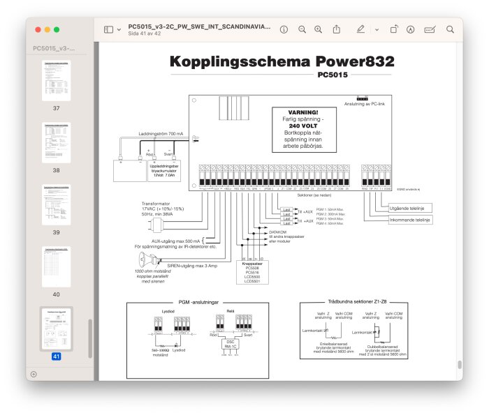 Ett elektriskt kopplingsschema för säkerhetssystemet Power832 på en dator skärm.