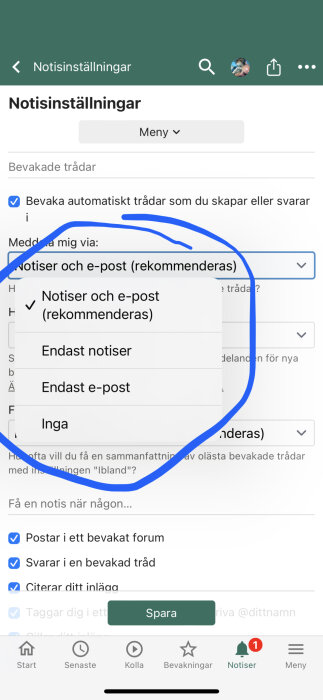 Skärmbild av notisinställningar i en app med val för meddelanden och e-post.