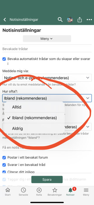 Skärmdump av mobilappens notisinställningar med markerat alternativ och spar-knapp.