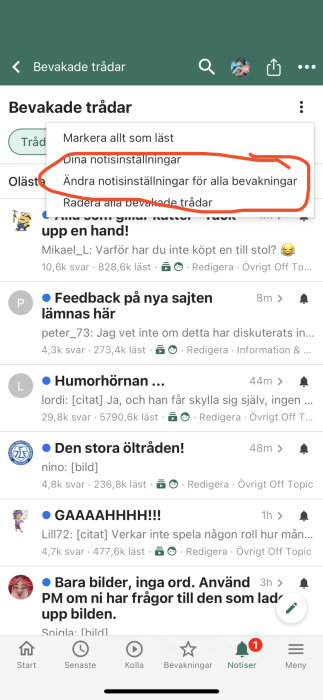 Skärmdump av ett forum med trådar, notiser och användarmeny, ringad text med inställningar på svenska.