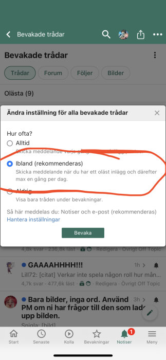 Skärmdump av mobilgränssnitt, notifikationsinställningar i forumapp, markerat alternativ, röd cirkel och linje.