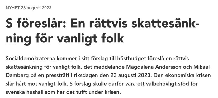 Svensk nyhetsartikel om Socialdemokraternas förslag till skattesänkning för vanligt folk under 2023 ekonomisk kris.