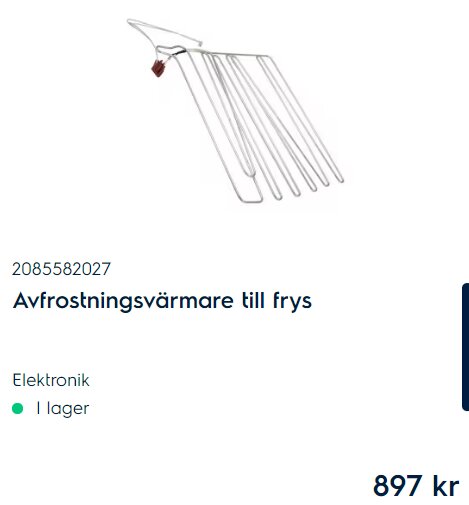 Avfrostningsvärmare för frys, vit, elektronik, produktkod, pris 897 kronor, lagerstatus indikerad med grön punkt.