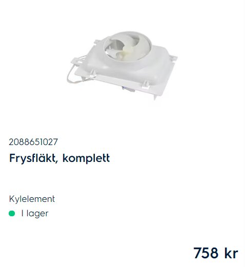 Komplett frysfläkt med hus, fläkthjul, vit plast, artikelnummer, priset angivet i svenska kronor.