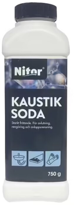 Flaska med kaustik soda från Niter, för avloppsrensning och rengöring, 750 gram. Starkt frätande.