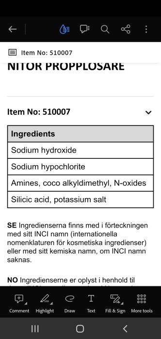 Skärmbild av en mobil visar ingredienslista på kemisk produkt, Nitor Propplösare, med text på svenska.