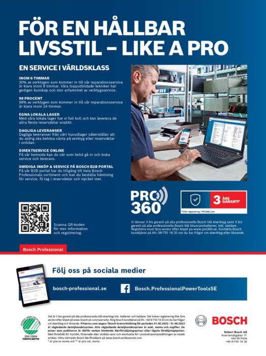 Bosch Professional reklam, person använder dator och mobil, verkstad, serviceinformation, QR-kod, sociala medieikoner.