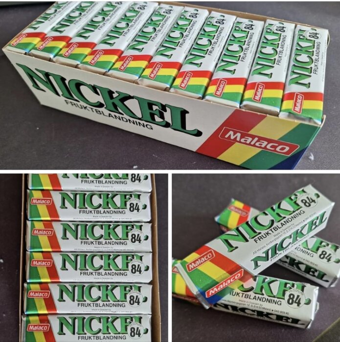 Förpackningar av Malaco NickEL 84 fruktblandning tuggummi i en öppen kartong.