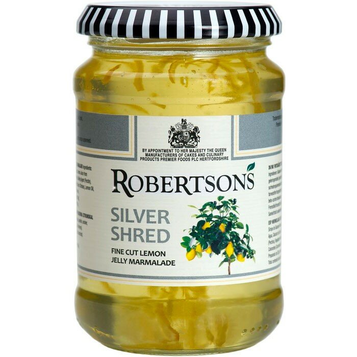 Burk med Robertsons Silver Shred citronmarmelad, fint skuret, gul färg, monarkiskt sigill.