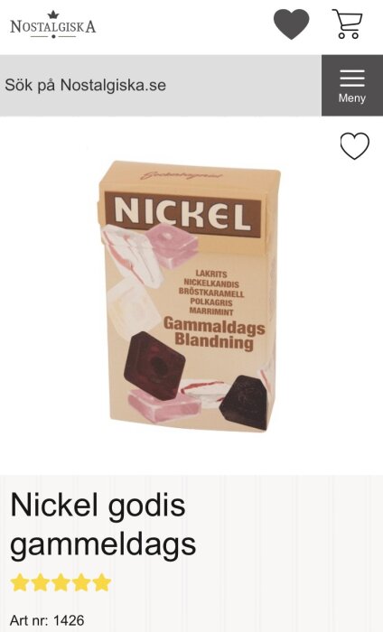 Retro godispåse med blandat innehåll, nostalgisk design, från Nostalgiska.se, bedömd med fem stjärnor.