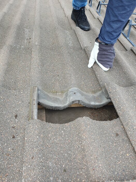 Ett trasigt trottoarplattor nära någons fötter, risk för snubbling eller fall. Farligt gatuunderhåll.