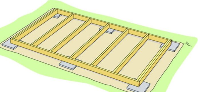 Illustration av trädäck på grundläggning, byggplan, träkonstruktion, ritning, enkelt, trädgårdsprojekt.