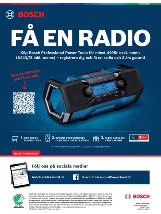 Reklam för Bosch, erbjudande om radio, köpverktyg, registrering krävs, tre års garanti, QR-kod, sociala medier.