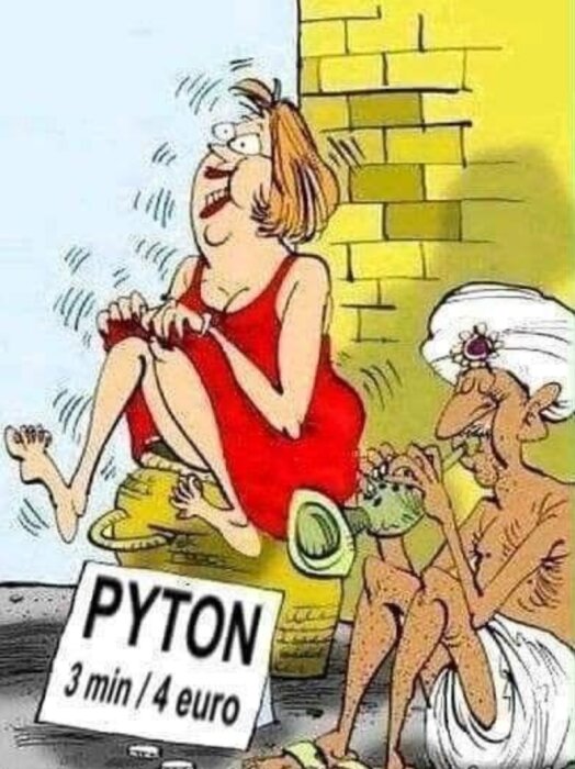 Tecknad bild, kvinna skrattar på "pytonmassage", ormmassör, humoristisk ordlek mellan "python" och "pyton".