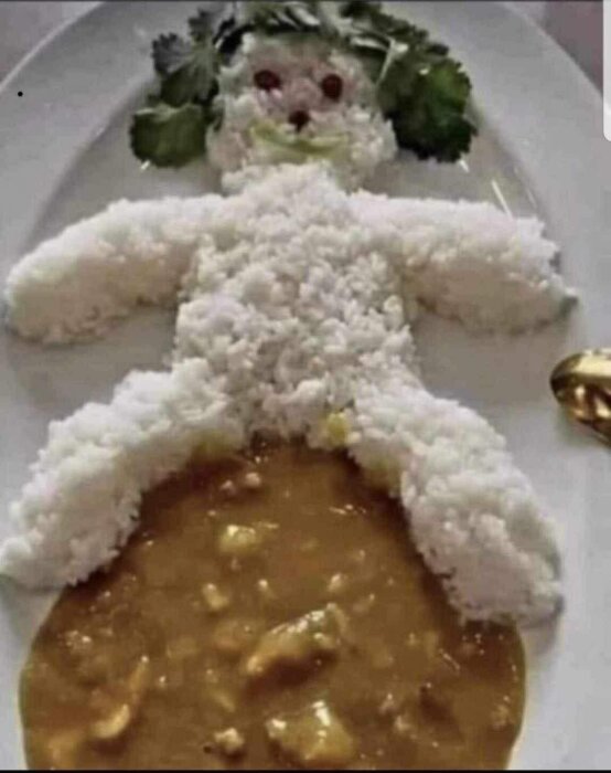 Ris formad som en teddybjörn ligger bredvid brun sås, med grönsaksdekor som ansikte och pälskant.