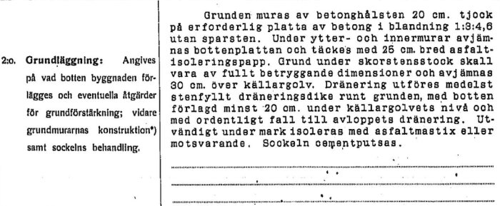 Svartvit bild; text om grunder och betongarbeten på svenska, konstruktionsanvisningar, bygginstruktioner.