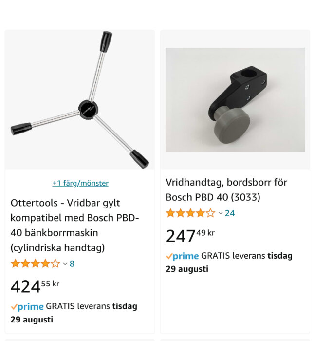 Två verktygstillbehör, vridbar gylt och vridhandtag, gradering och priser, webbutiklayout.