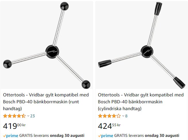 Två vridbara gyltor för Bosch bänkborrmaskin, skild handtagsdesign, recensioner, priser, Prime-leverans, vit bakgrund.