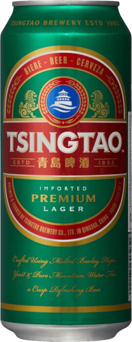 Tsingtao ölburk, kinesisk, grön och röd design, malt korn, humle, jäst, bergsvatten, 1903, premium lager.