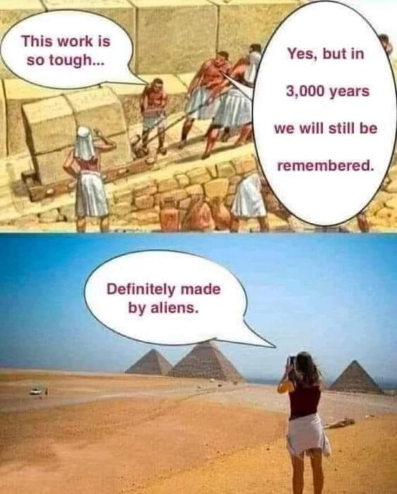 Tecknad bild av pyramidbyggande, pratbubblor om framtida minne, ironiskt alien-kommentar från modern besökare nedanför.