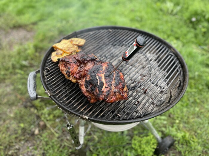 Grillat kött och grönsaker på en kolgrill utomhus med gräsmatta i bakgrunden.