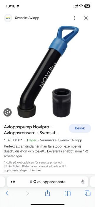 Avloppspump och delar visas på en smartphoneskärm, online shopping för avloppsrensare, Svenskt Avlopp varumärke.